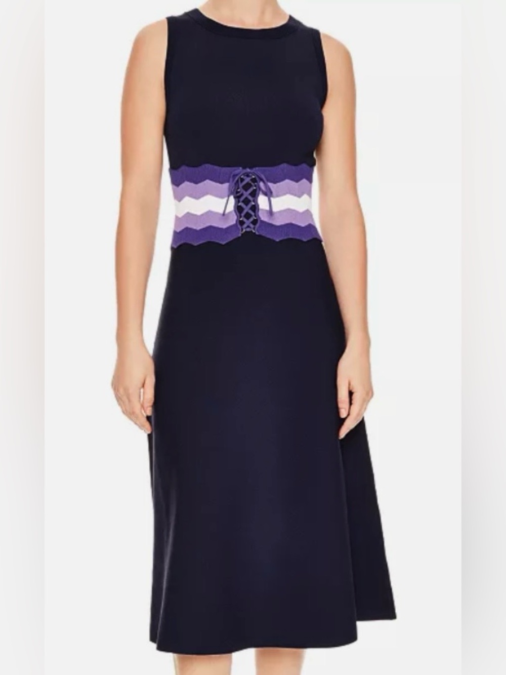 Sandro Paris Navy Knit Midi Dress Lace-Up Chevron Stripe Waist Sleeveless Size S